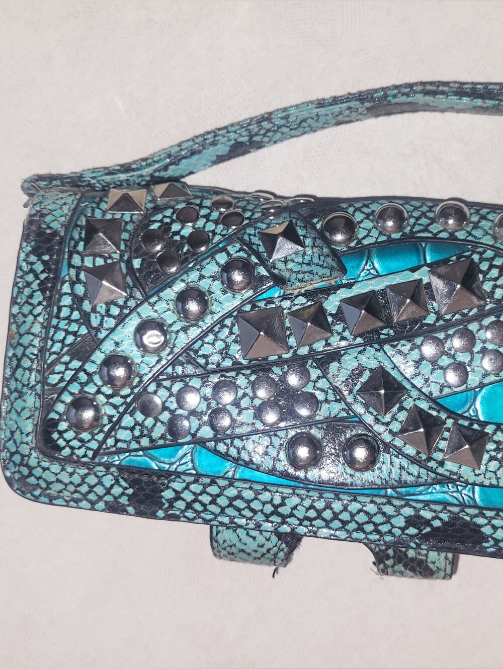 Western Studded Turquoise & Black Python Print Trifold Wristlet Wallet